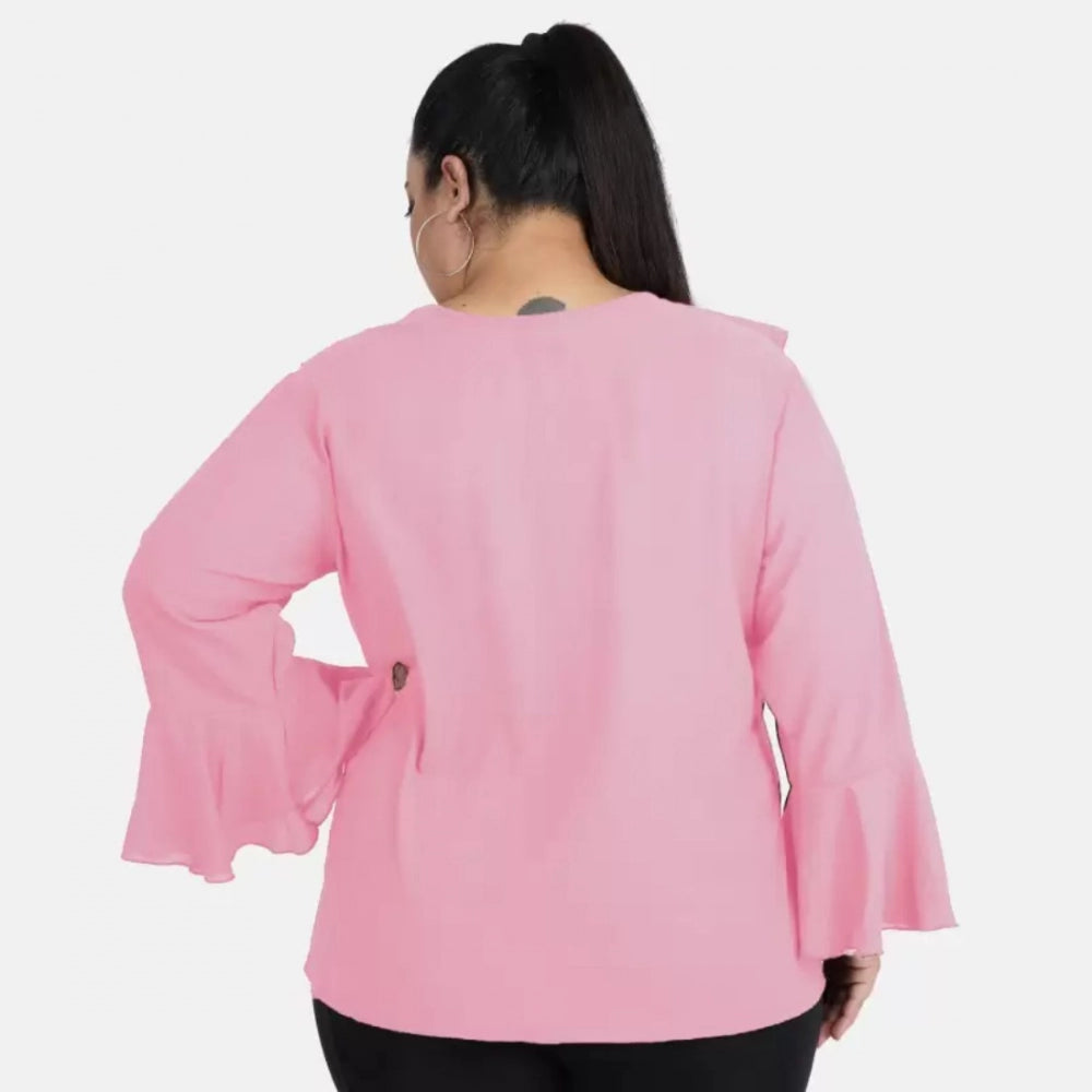 Amfyn Women's Casual Bell Sleeve Solid Pink Top (Color:Pink, Material:Georgette)