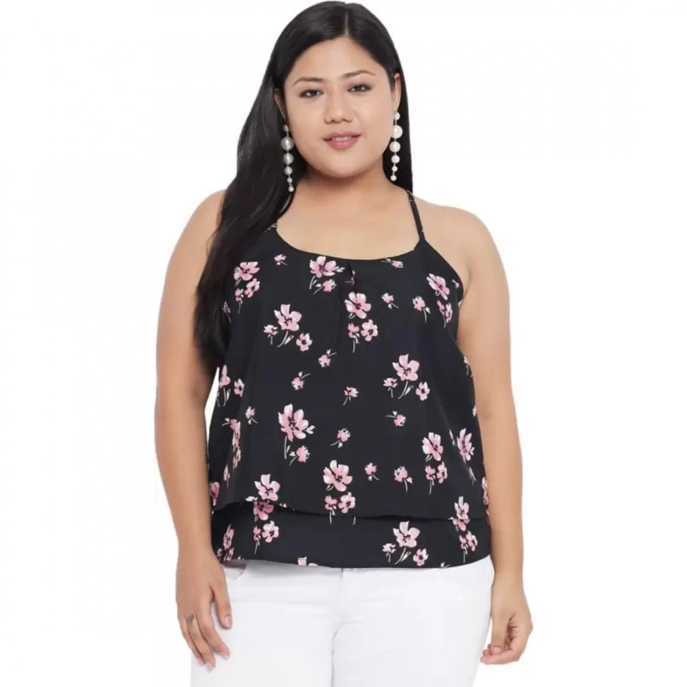 Amfyn Women's Casual Floral Print Black Top (Color:Black, Material:Polyester)