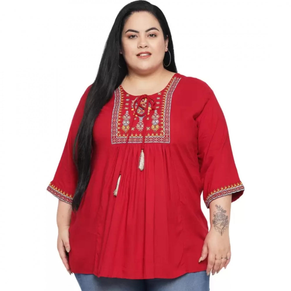 Amfyn Women's Casual Embroidered Maroon Top (Color:Maroon, Material:Rayon)