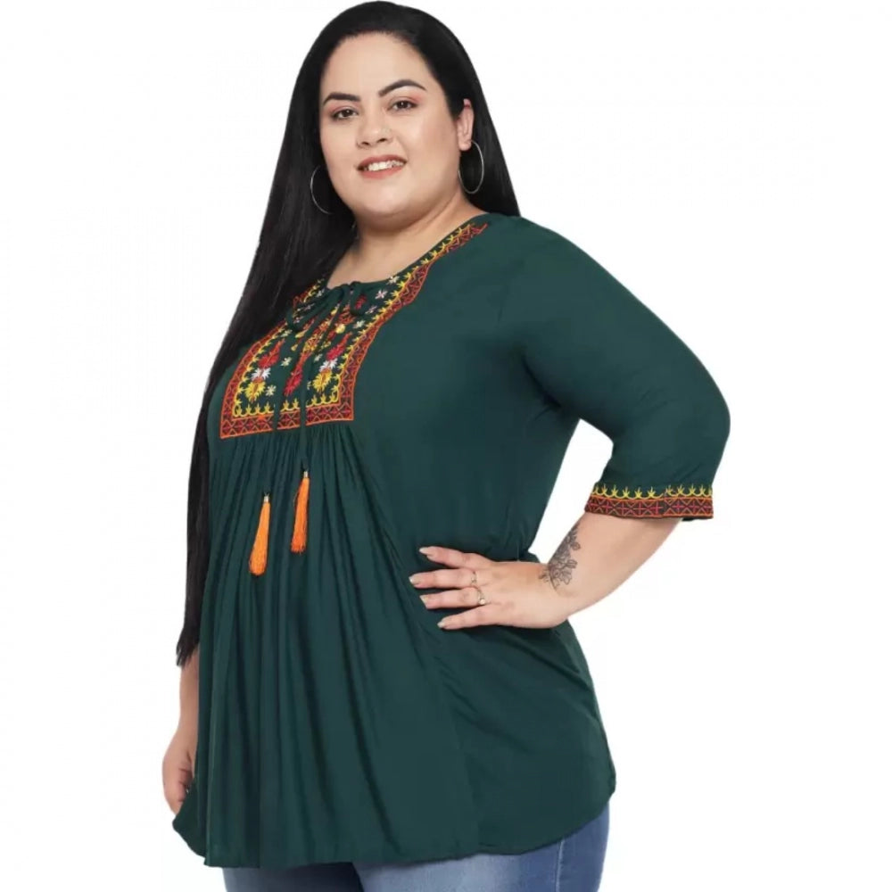 Amfyn Women's Casual Embroidered Dark Green Top (Color:Dark Green, Material:Rayon)