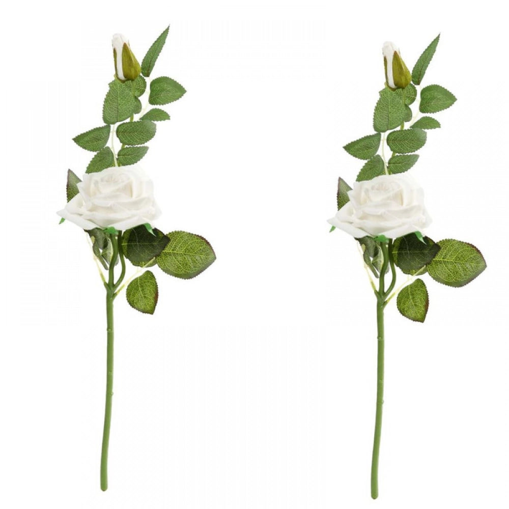 Amfyn Pack Of_2 Artificial White Velvet Rose Flower Stem With Bud For Home Decoration (White, Material:Silk, Polyester)