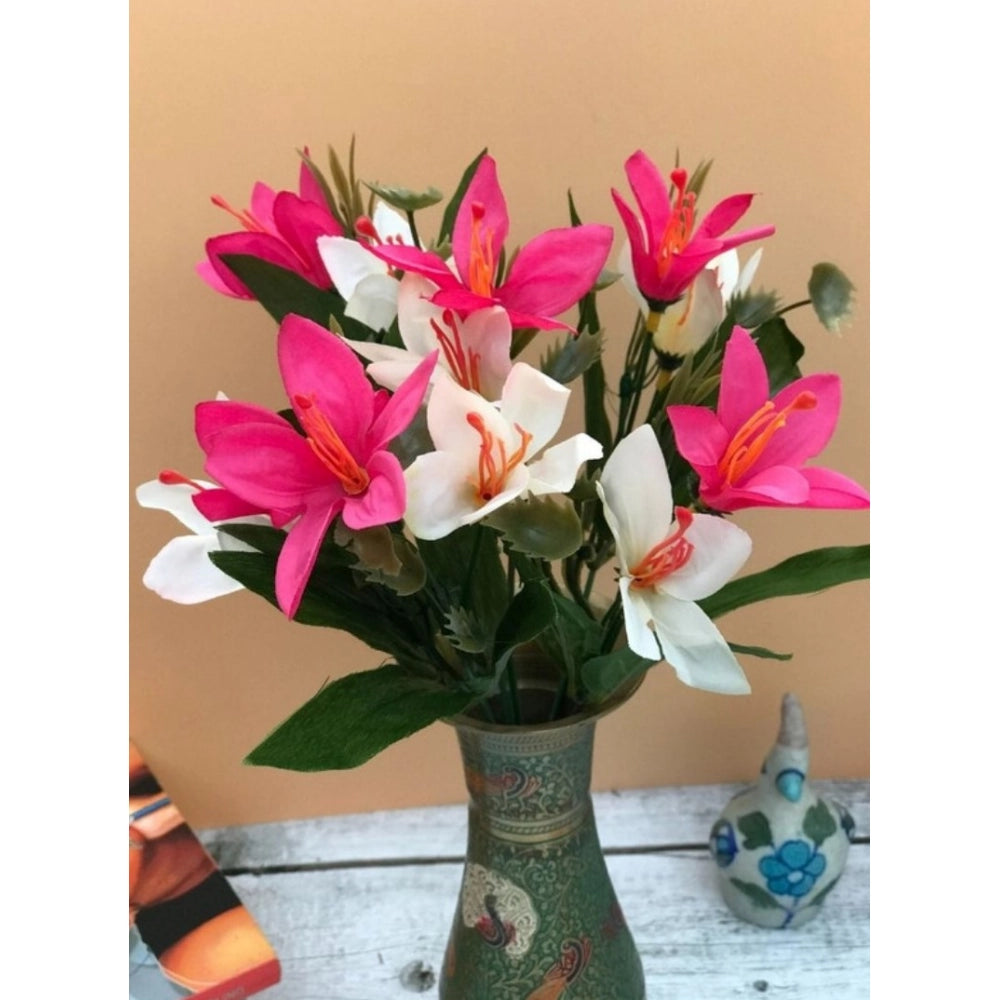 Amfyn Artificial Flowers Bunch Bouquet Oflily Flowers For Home Decoration (Pink And White, Material:Silk, Polyester)