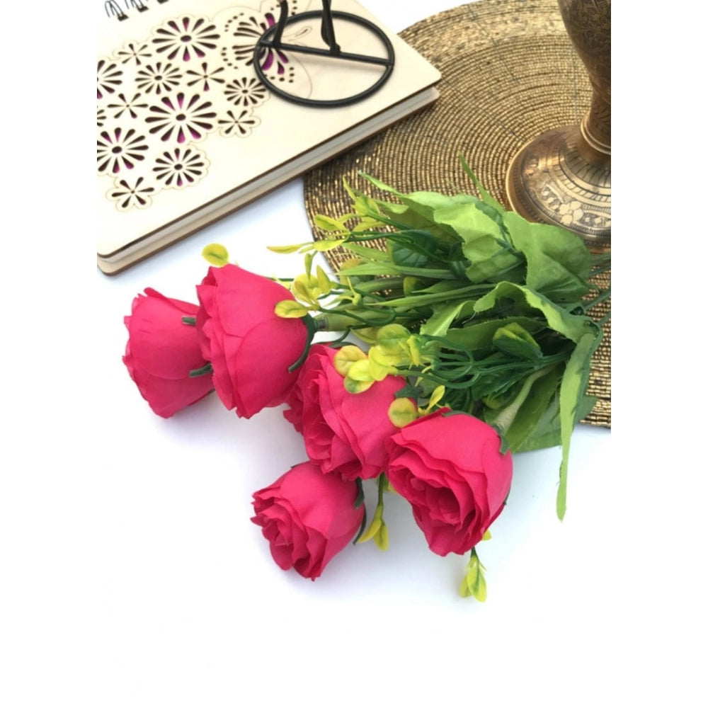 Amfyn Artificial Flowers Bunch Bouquet Of 6 Garden Roses For Home Decoration (Darkpink, Material:Silk, Polyester)