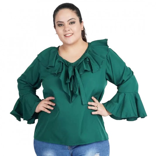 Amfyn Women's Casual Bell Sleeve Solid Green Top (Color:Green, Material:Georgette)