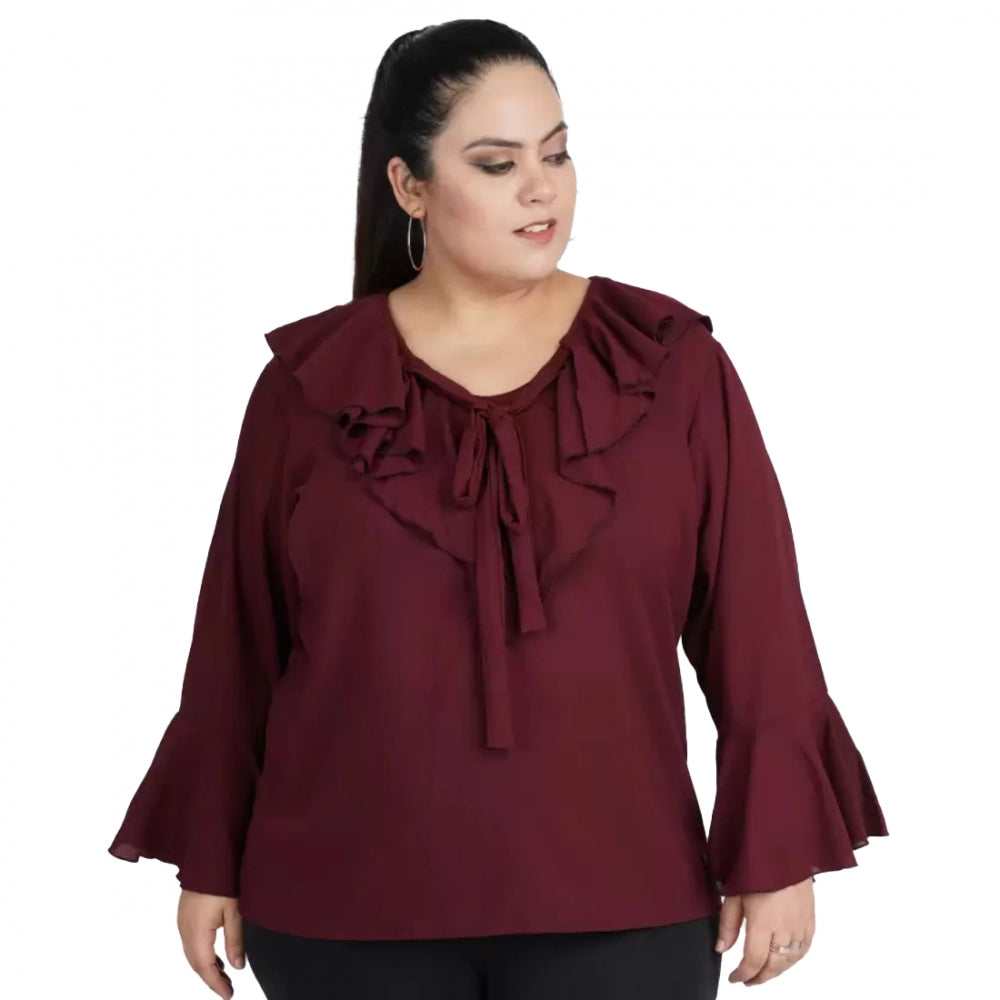 Amfyn Women's Casual Bell Sleeve Solid Maroon Top (Color:Maroon, Material:Georgette)