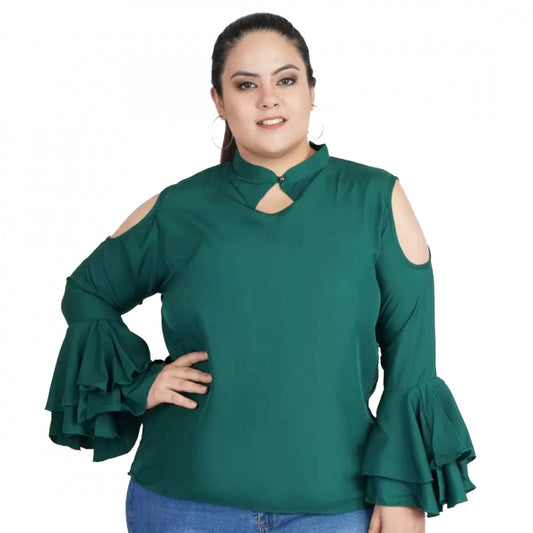 Amfyn Women's Casual Bell Sleeve Solid Green Top (Color:Green, Material:Crepe)