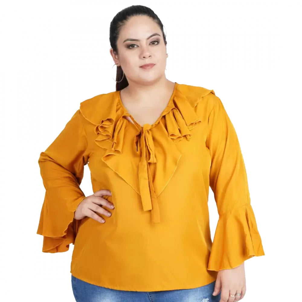 Amfyn Women's Casual Bell Sleeve Solid Yellow Top (Color:Yellow, Material:Georgette)