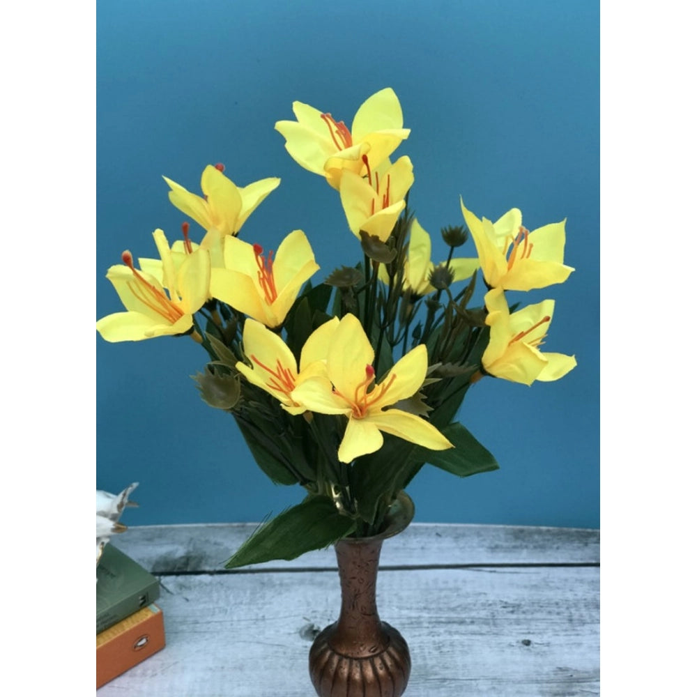 Amfyn Artificial Flowers Bunch Bouquet Oflily Flowers For Home Decoration (Yellow, Material:Silk, Polyester)