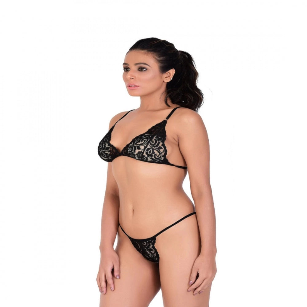Amfyn Women's Lace Special Moment Black Tanga Lingerie Bra Panty Set (Black)