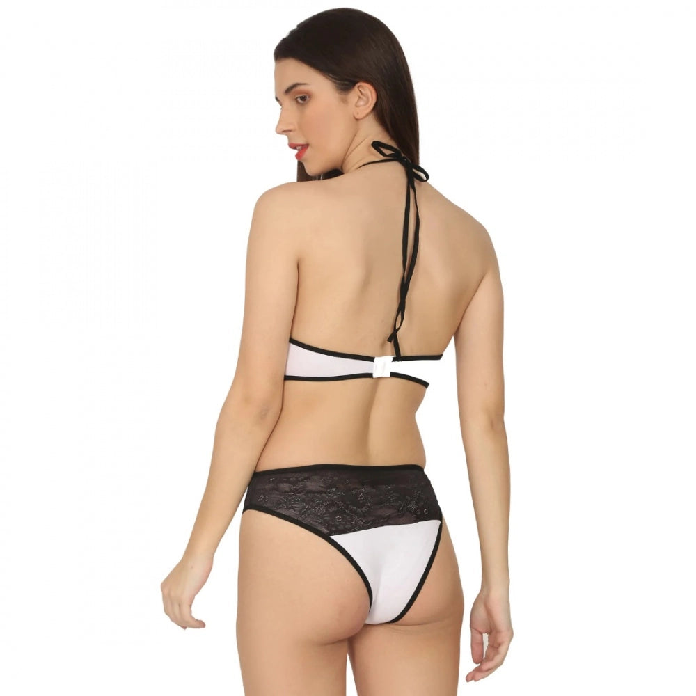 Amfyn Women's Cotton Lace Halter Neck Lingerie Black Lace And White Color (White And Black)