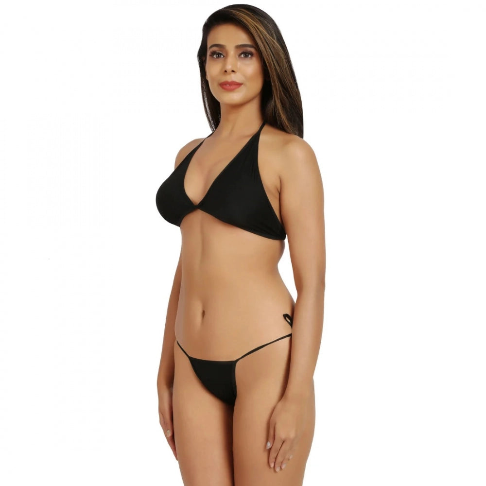 Amfyn Women's Nylon Spandex Black Bikini Sexy Bra Panty (Black)
