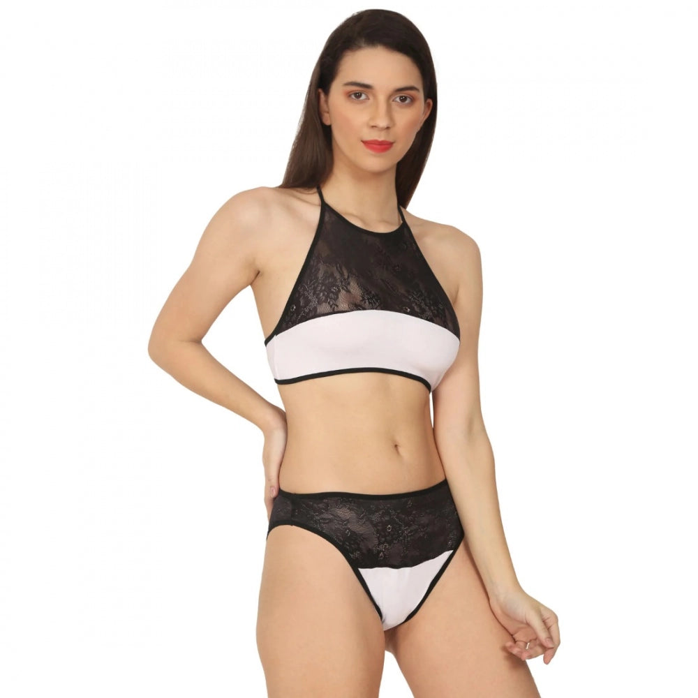 Amfyn Women's Cotton Lace Halter Neck Lingerie Black Lace And White Color (White And Black)