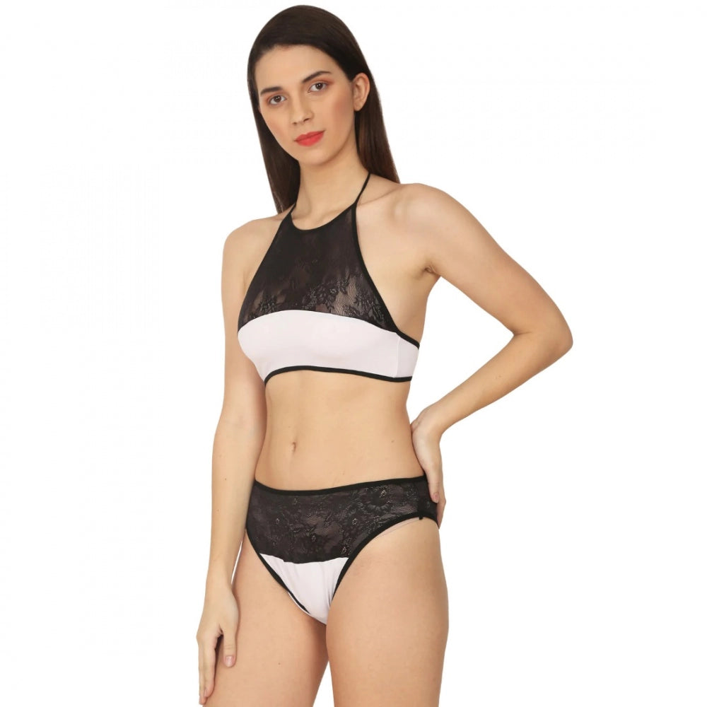 Amfyn Women's Cotton Lace Halter Neck Lingerie Black Lace And White Color (White And Black)
