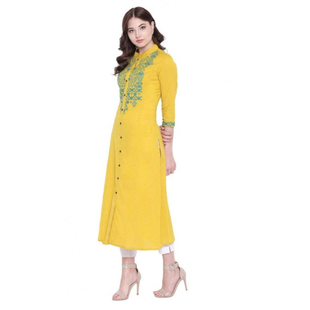 Amfyn  Women's Khadi Embroidered Kurti (Yellow, Khadi)