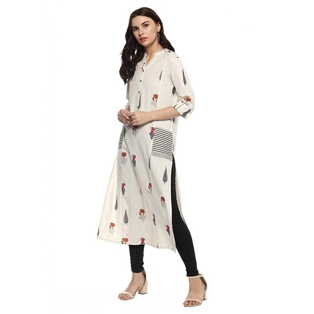 Amfyn  Women's Khadi Printed A Line Kurti (Off White, Khadi)