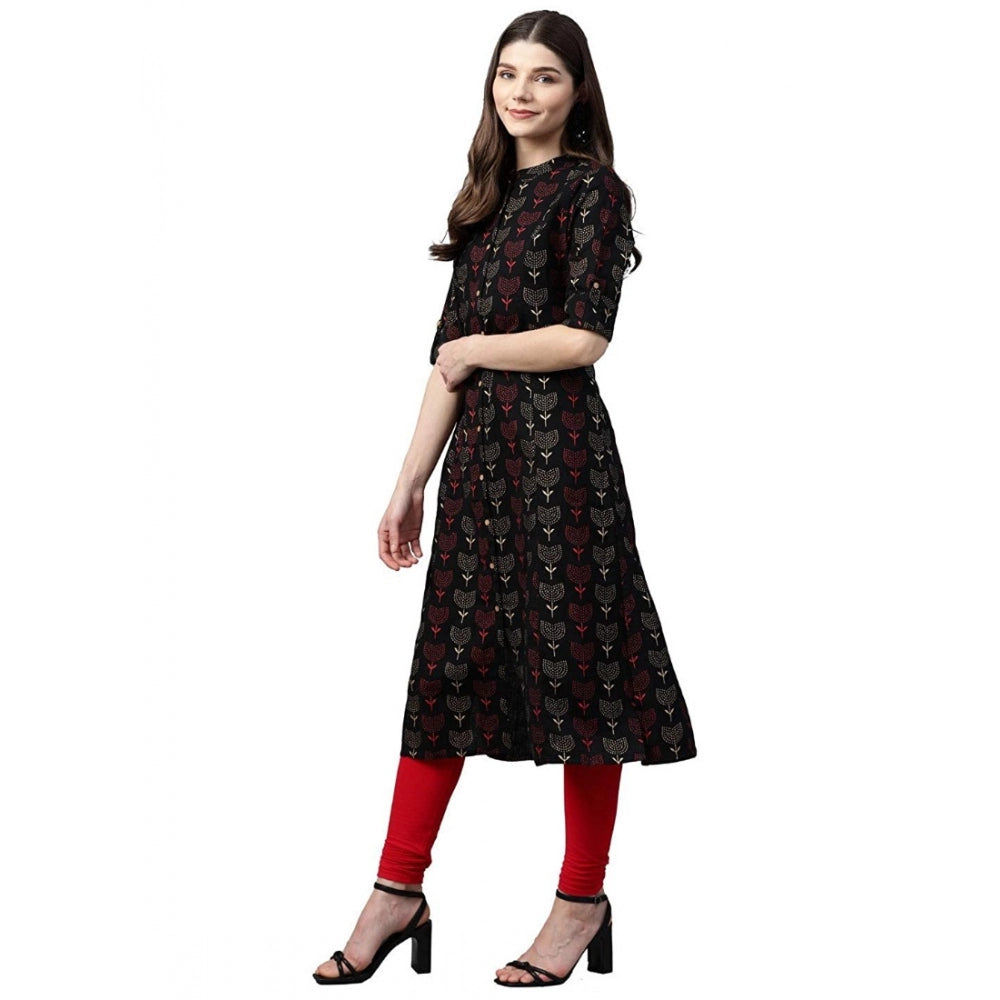 Amfyn  Women's Cotton Printed A Line Kurti (Black, Cotton)