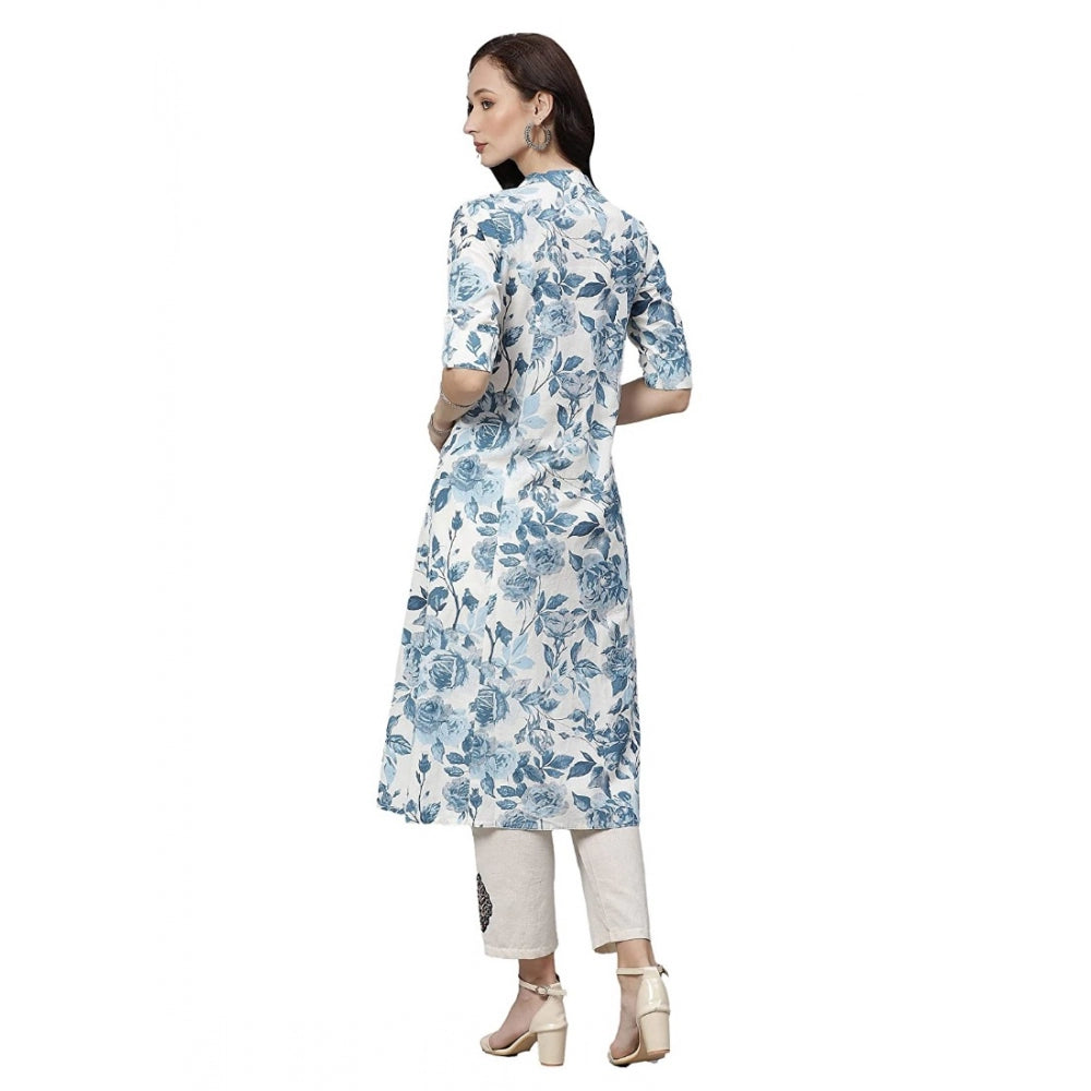 Amfyn  Women's Cotton Printed Floral Print Kurti (White, Blue, Cotton)
