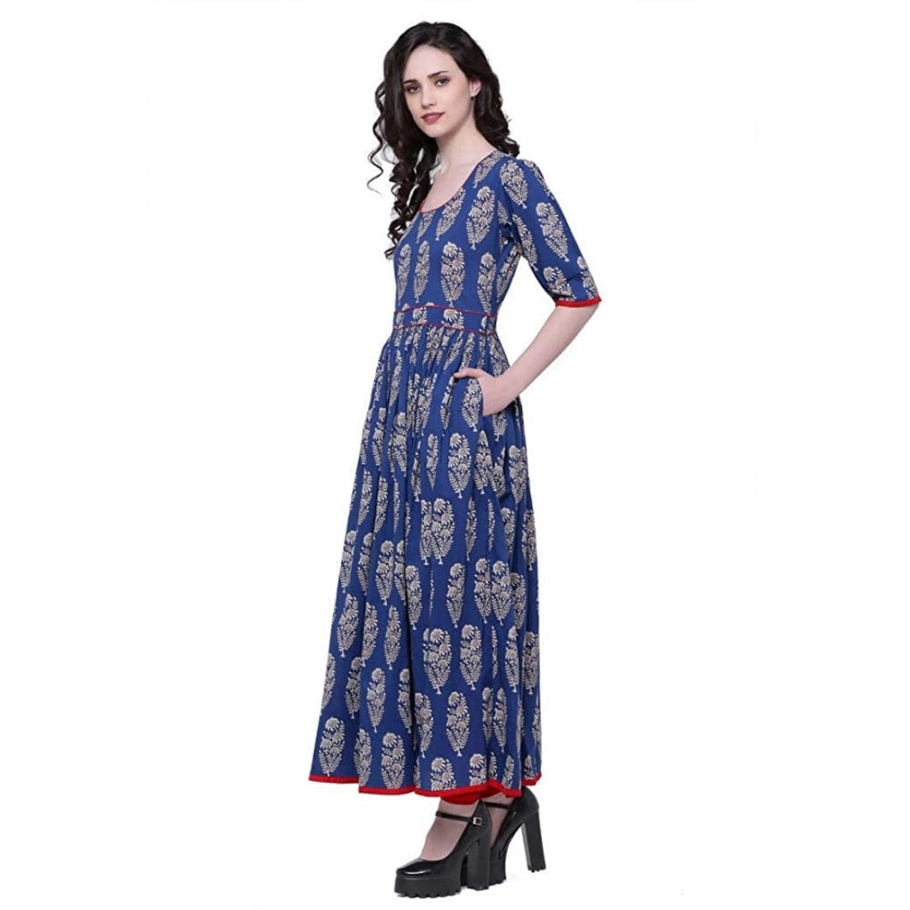 Amfyn  Women's Cotton Printed Anarkali Kurti (Blue, Cotton)