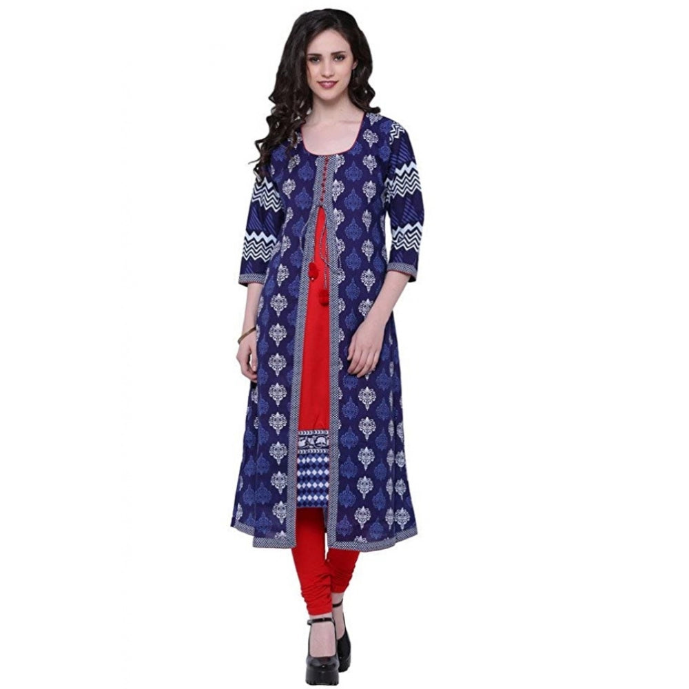 Amfyn  Women's Cotton Printed Long Kurti (Blue, Red, Cotton)