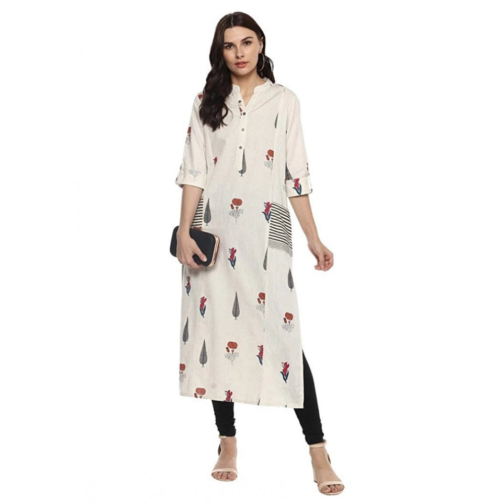 Amfyn  Women's Khadi Printed A Line Kurti (Off White, Khadi)