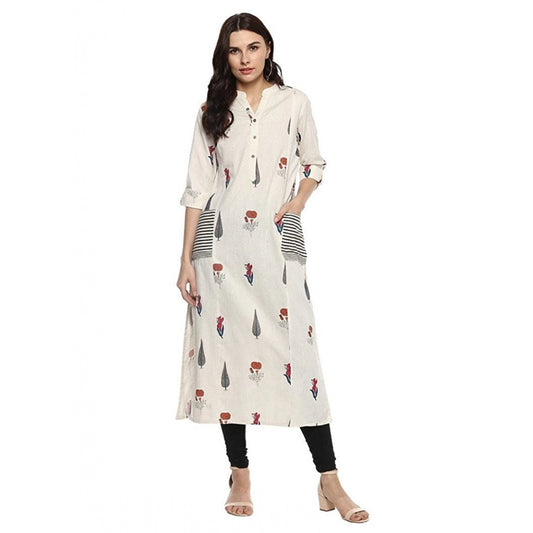 Amfyn  Women's Khadi Printed A Line Kurti (Off White, Khadi)