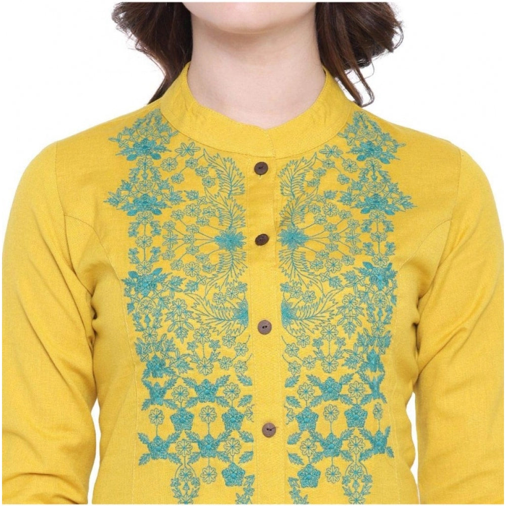Amfyn  Women's Khadi Embroidered Kurti (Yellow, Khadi)