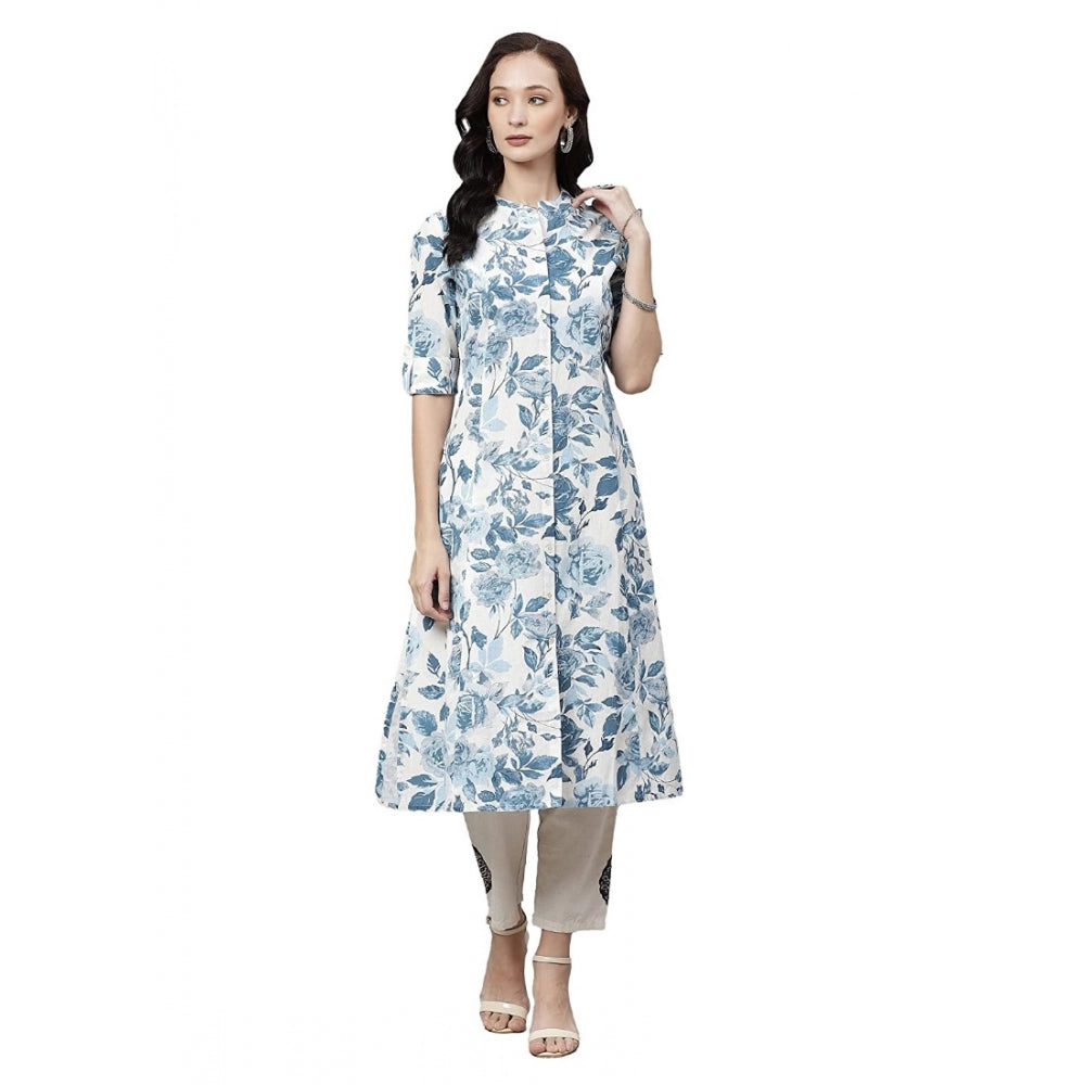 Amfyn  Women's Cotton Printed Floral Print Kurti (White, Blue, Cotton)