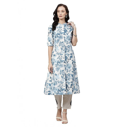 Amfyn  Women's Cotton Printed Floral Print Kurti (White, Blue, Cotton)