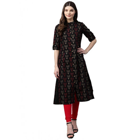 Amfyn  Women's Cotton Printed A Line Kurti (Black, Cotton)