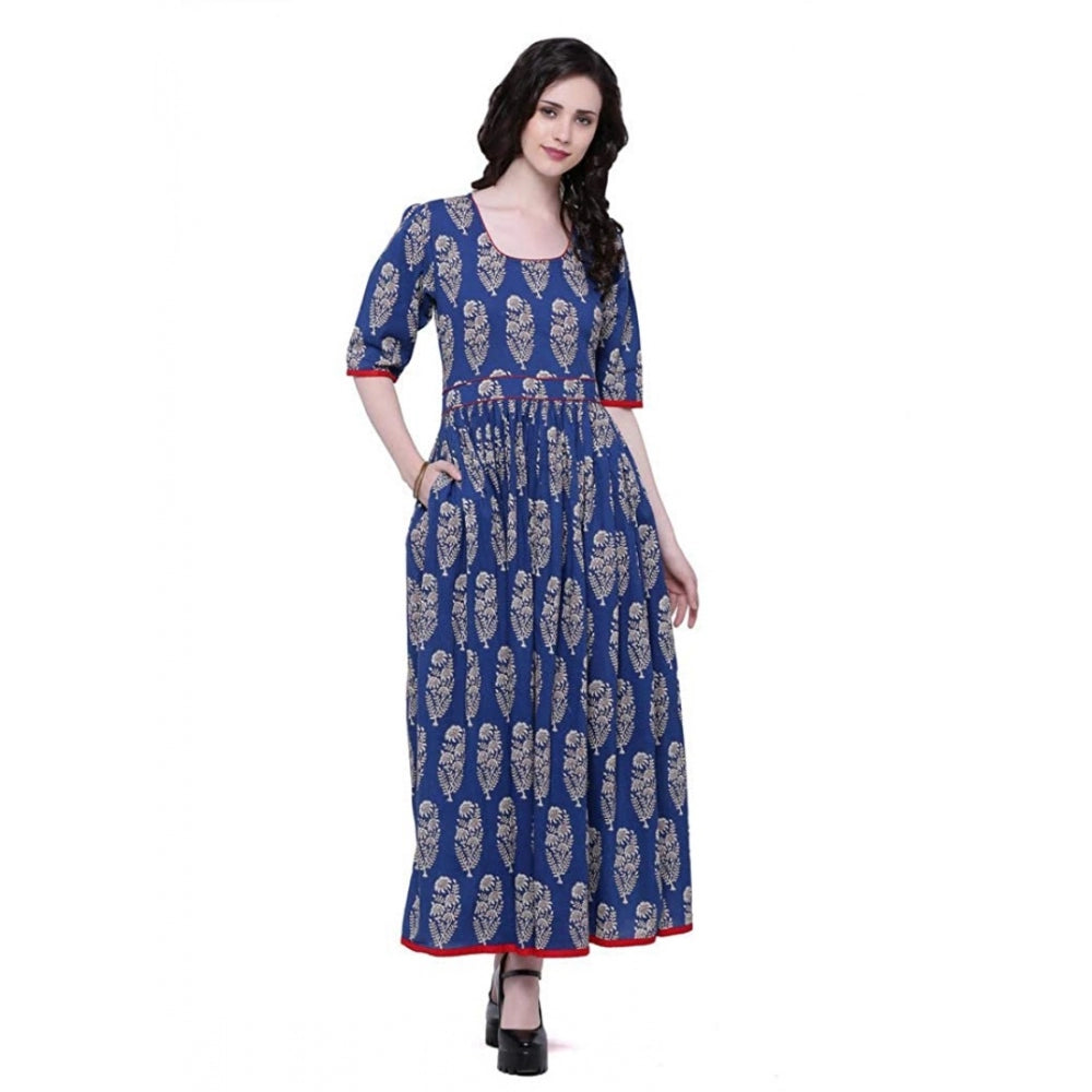Amfyn  Women's Cotton Printed Anarkali Kurti (Blue, Cotton)