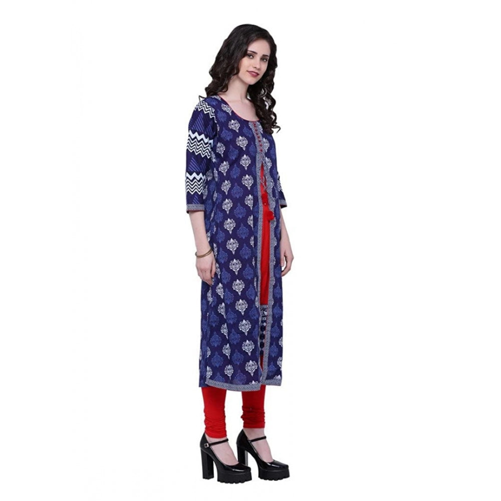 Amfyn  Women's Cotton Printed Long Kurti (Blue, Red, Cotton)