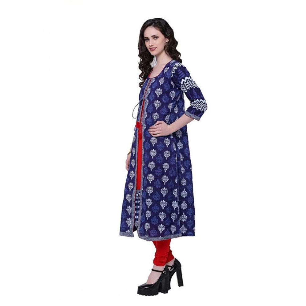Amfyn  Women's Cotton Printed Long Kurti (Blue, Red, Cotton)