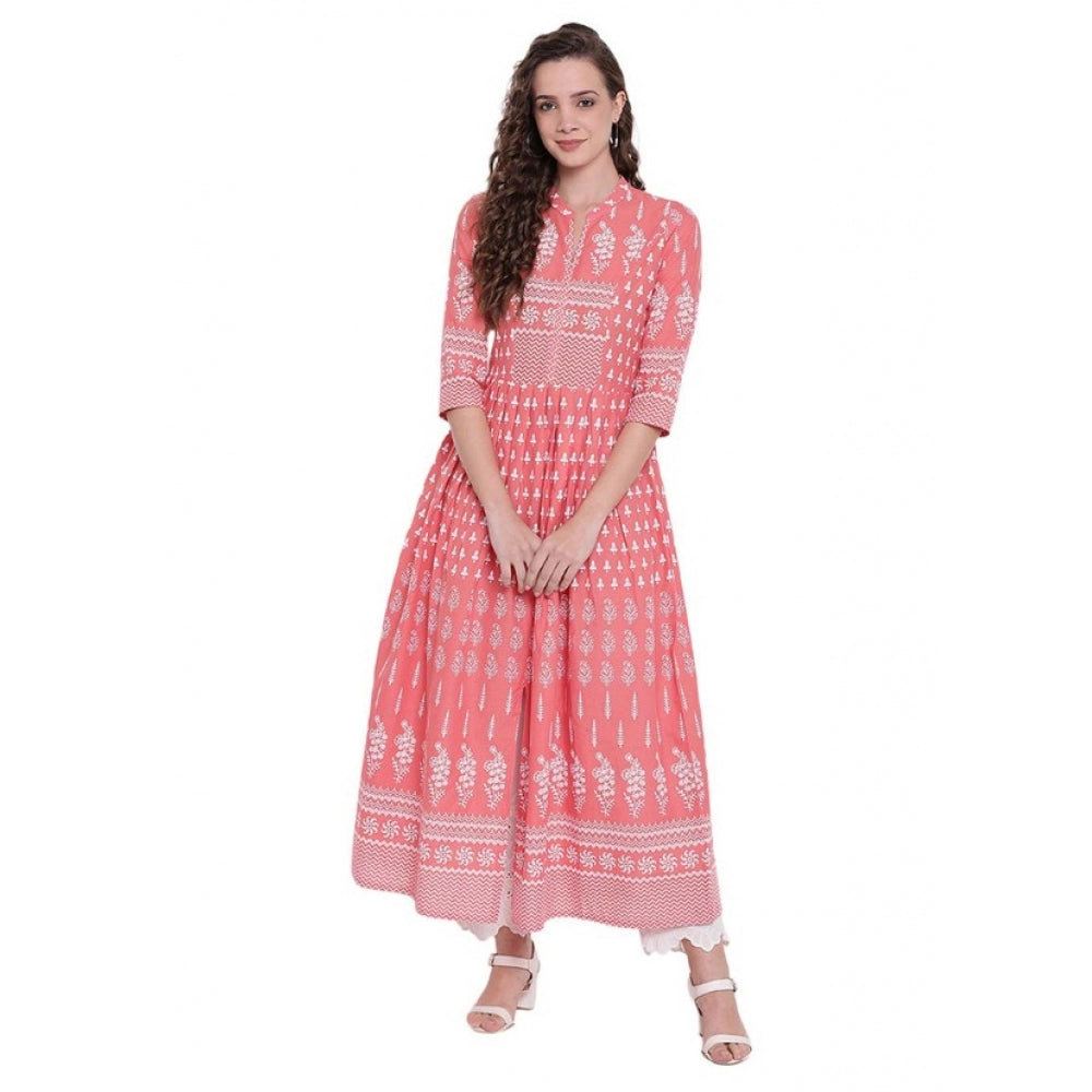 Amfyn  Women's Cotton Printed Regular Kurti (Peach, Cotton)