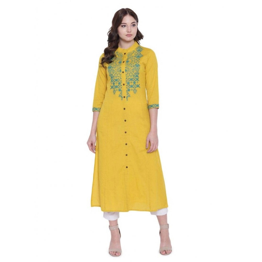 Amfyn  Women's Khadi Embroidered Kurti (Yellow, Khadi)