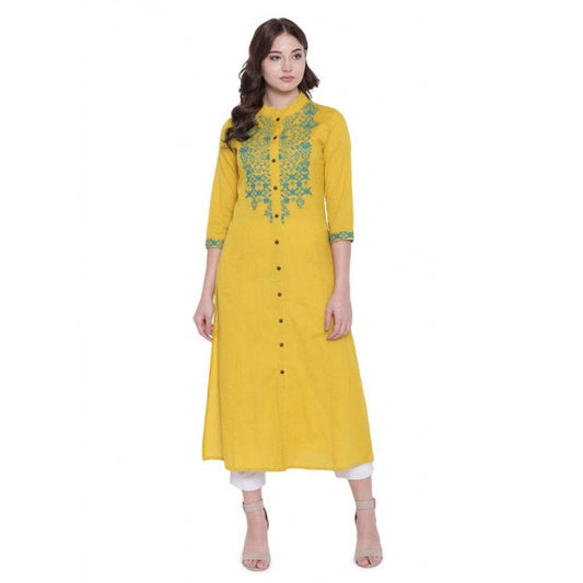 Amfyn  Women's Khadi Embroidered Kurti (Yellow, Khadi)