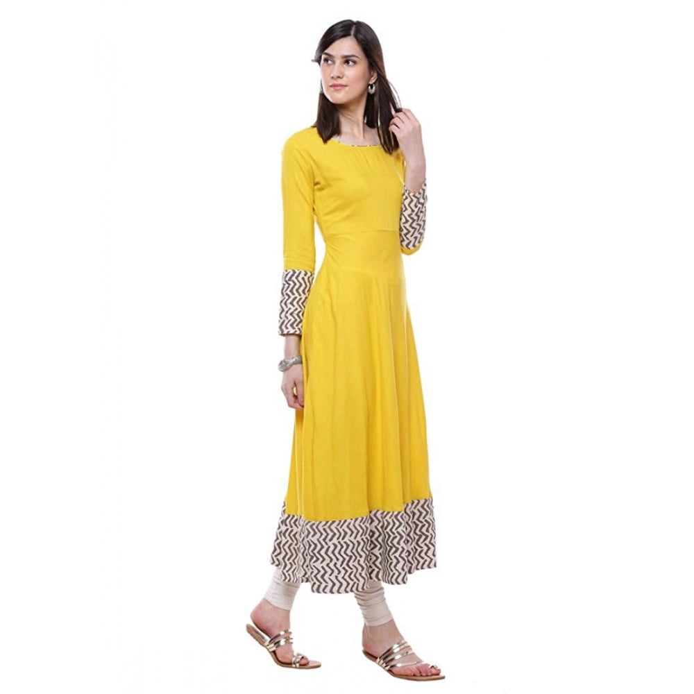 Amfyn  Women's Rayon Printed Solid Anarkali Kurti (Yellow, Rayon)