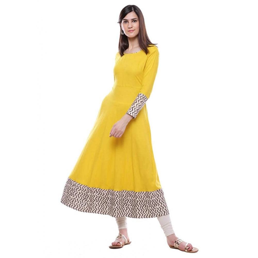 Amfyn  Women's Rayon Printed Solid Anarkali Kurti (Yellow, Rayon)