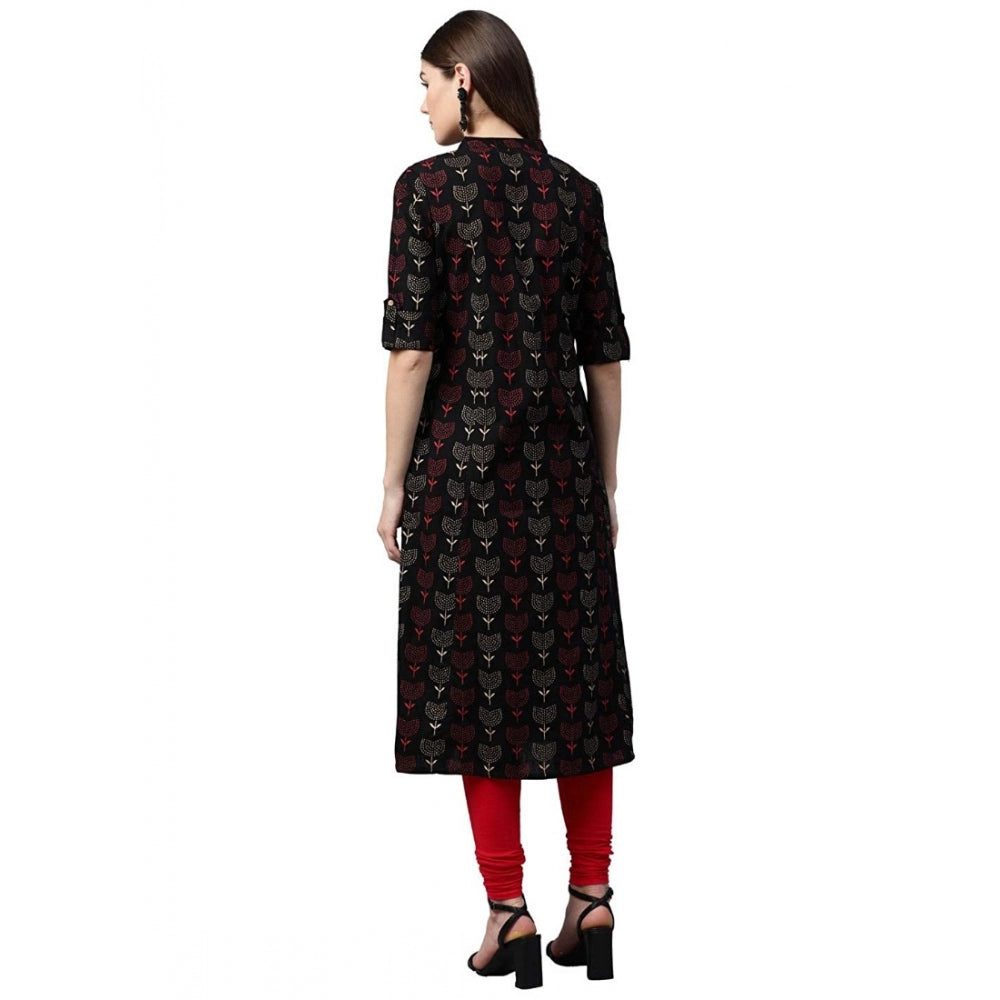 Amfyn  Women's Cotton Printed A Line Kurti (Black, Cotton)