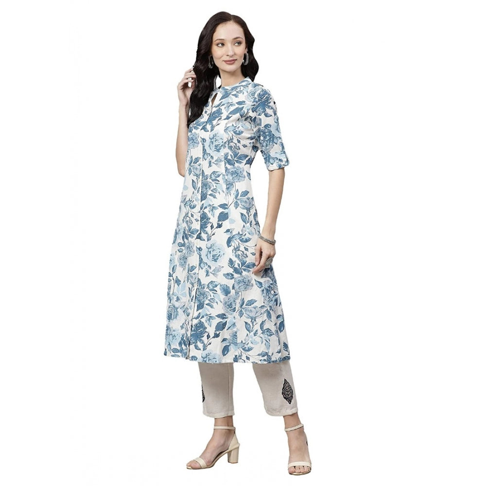 Amfyn  Women's Cotton Printed Floral Print Kurti (White, Blue, Cotton)