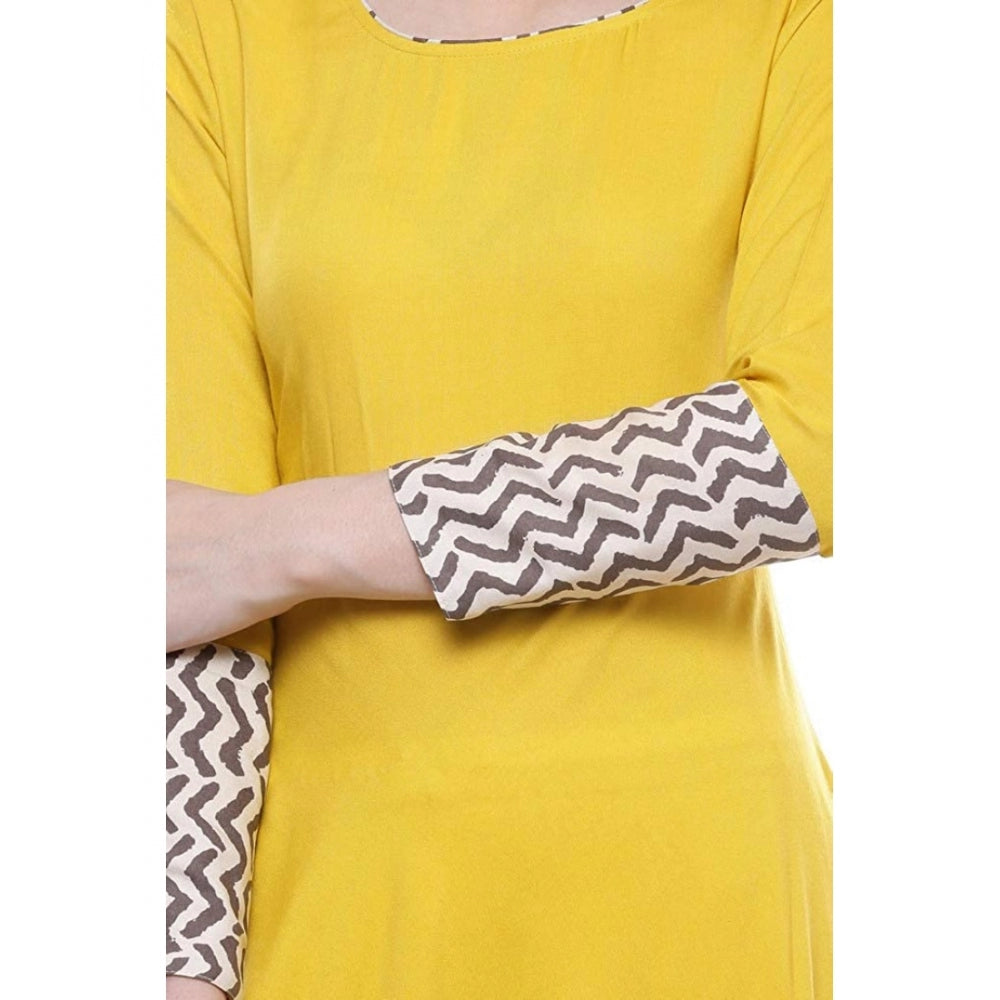 Amfyn  Women's Rayon Printed Solid Anarkali Kurti (Yellow, Rayon)
