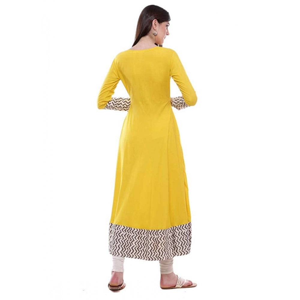 Amfyn  Women's Rayon Printed Solid Anarkali Kurti (Yellow, Rayon)
