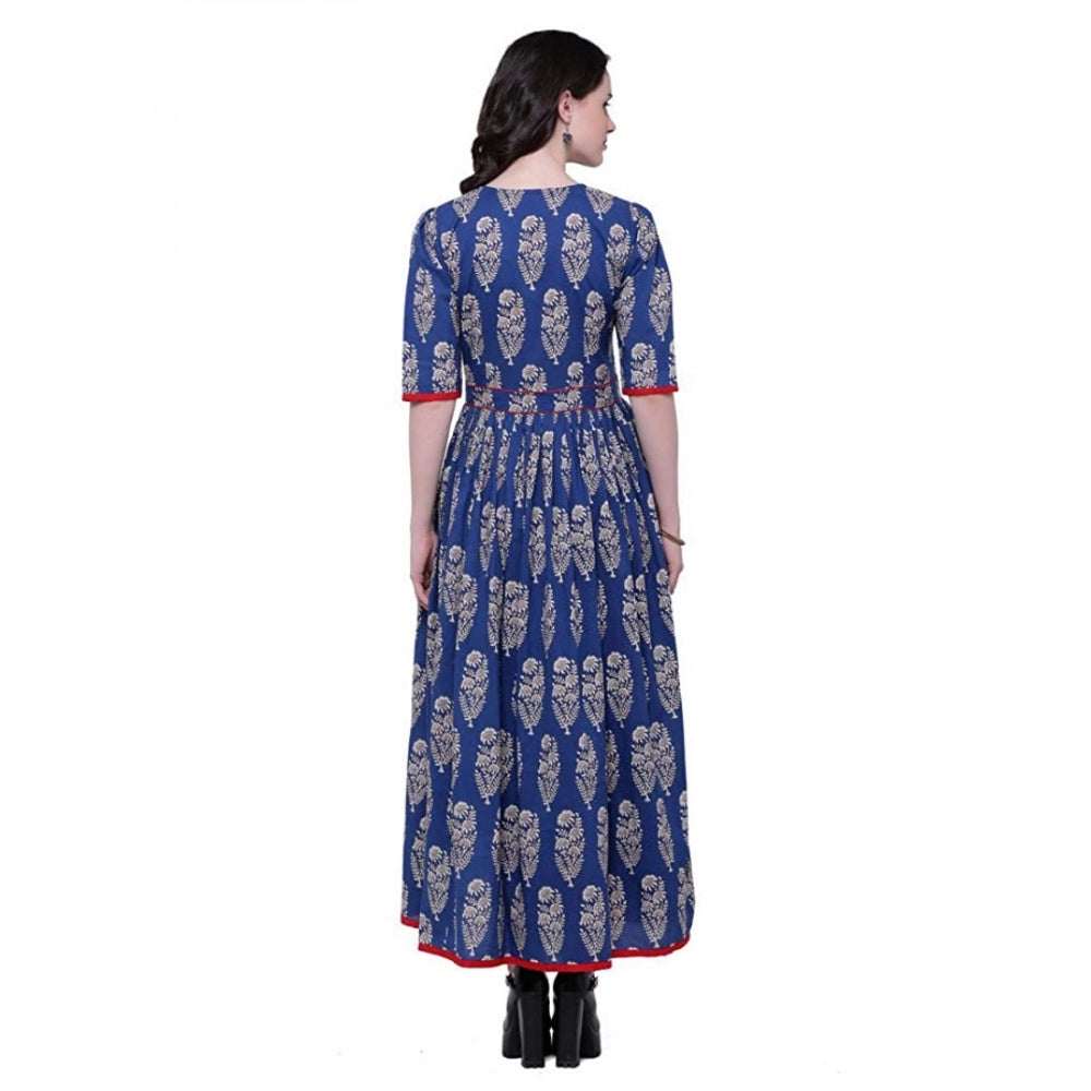 Amfyn  Women's Cotton Printed Anarkali Kurti (Blue, Cotton)