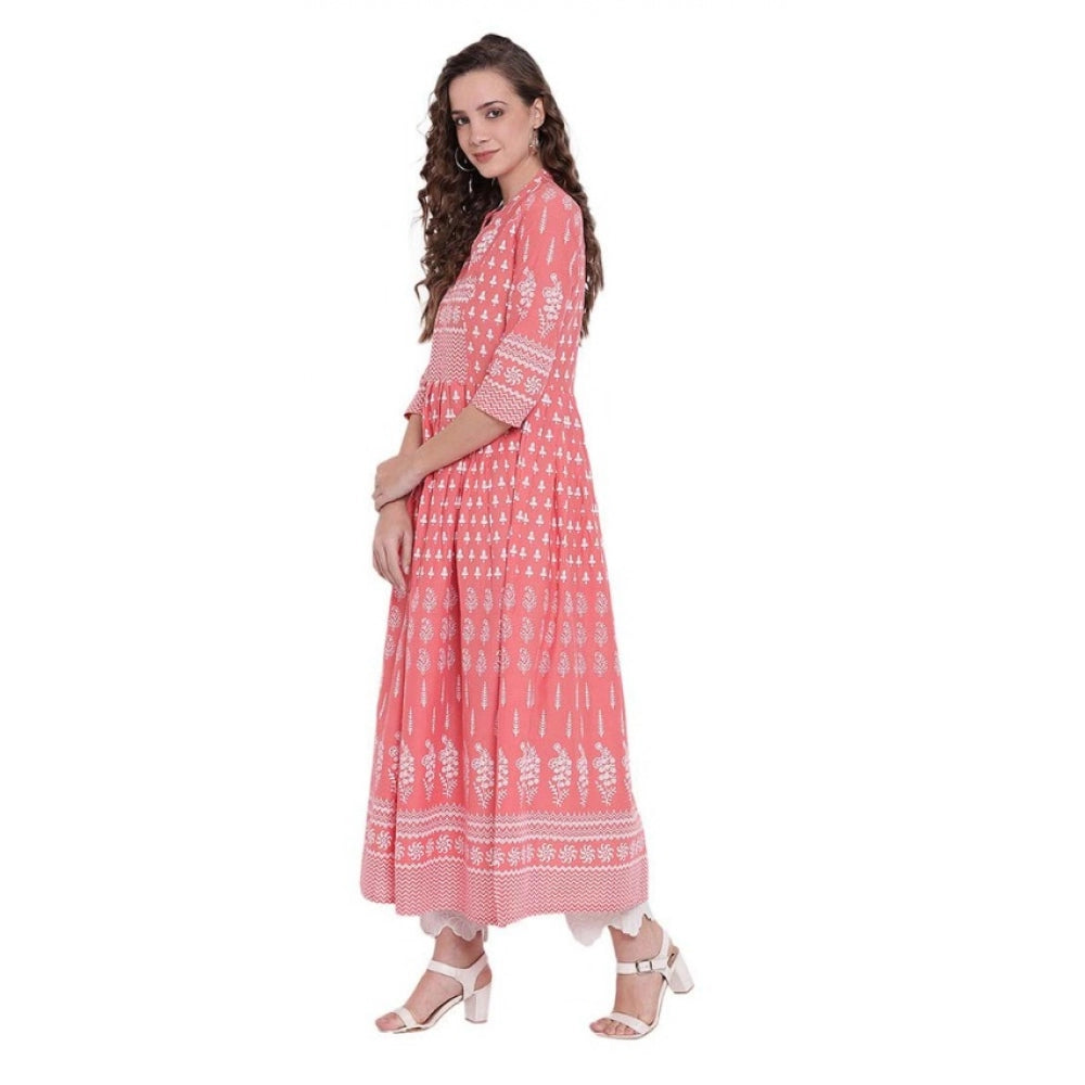 Amfyn  Women's Cotton Printed Regular Kurti (Peach, Cotton)