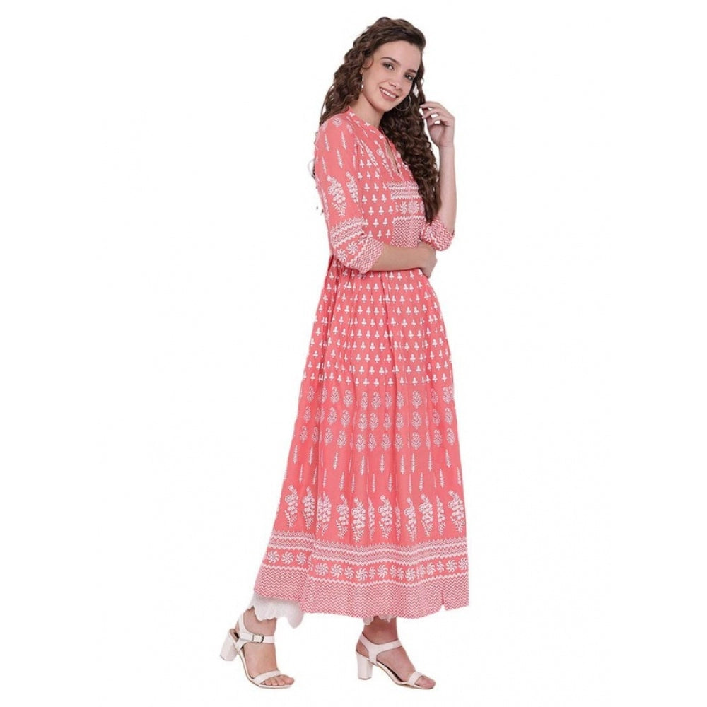 Amfyn  Women's Cotton Printed Regular Kurti (Peach, Cotton)