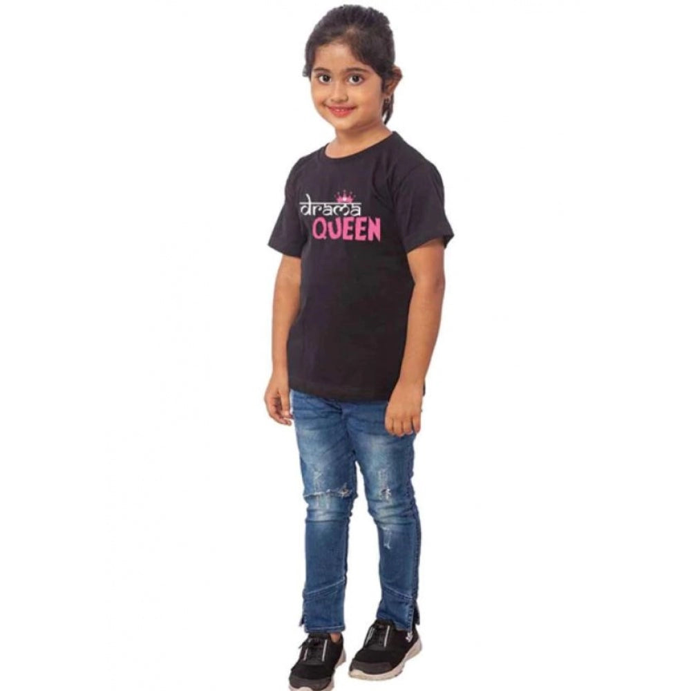 Amfyn Girls Cotton Drama Queen Half Sleeve TShirt (Black)