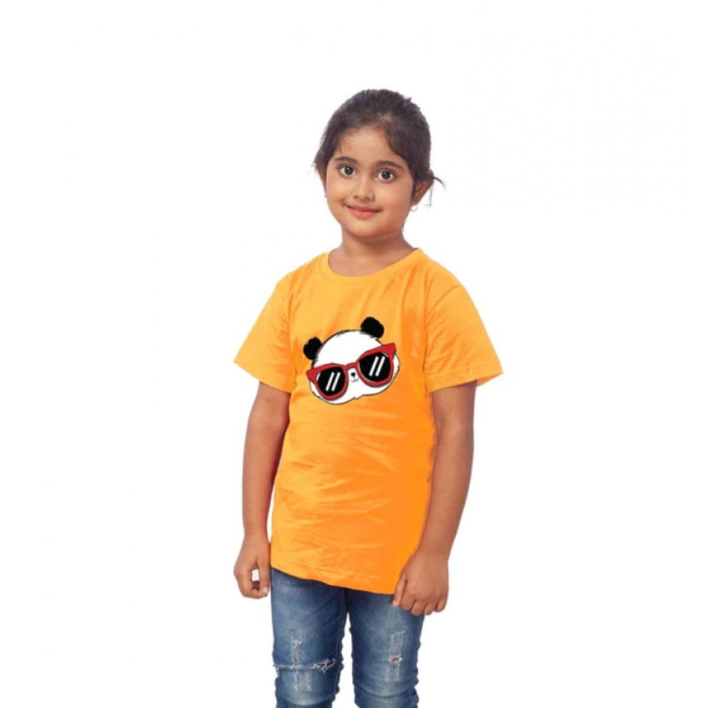Amfyn Girls Cotton Panda Glass Half Sleeve TShirt (Mustard)