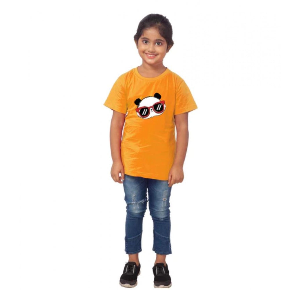 Amfyn Girls Cotton Panda Glass Half Sleeve TShirt (Mustard)