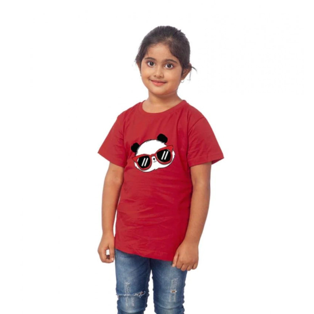 Amfyn Girls Cotton Panda Glass Half Sleeve TShirt (Maroon)