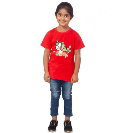 Amfyn Girls Cotton Unicorn Face Half Sleeve TShirt (Red)
