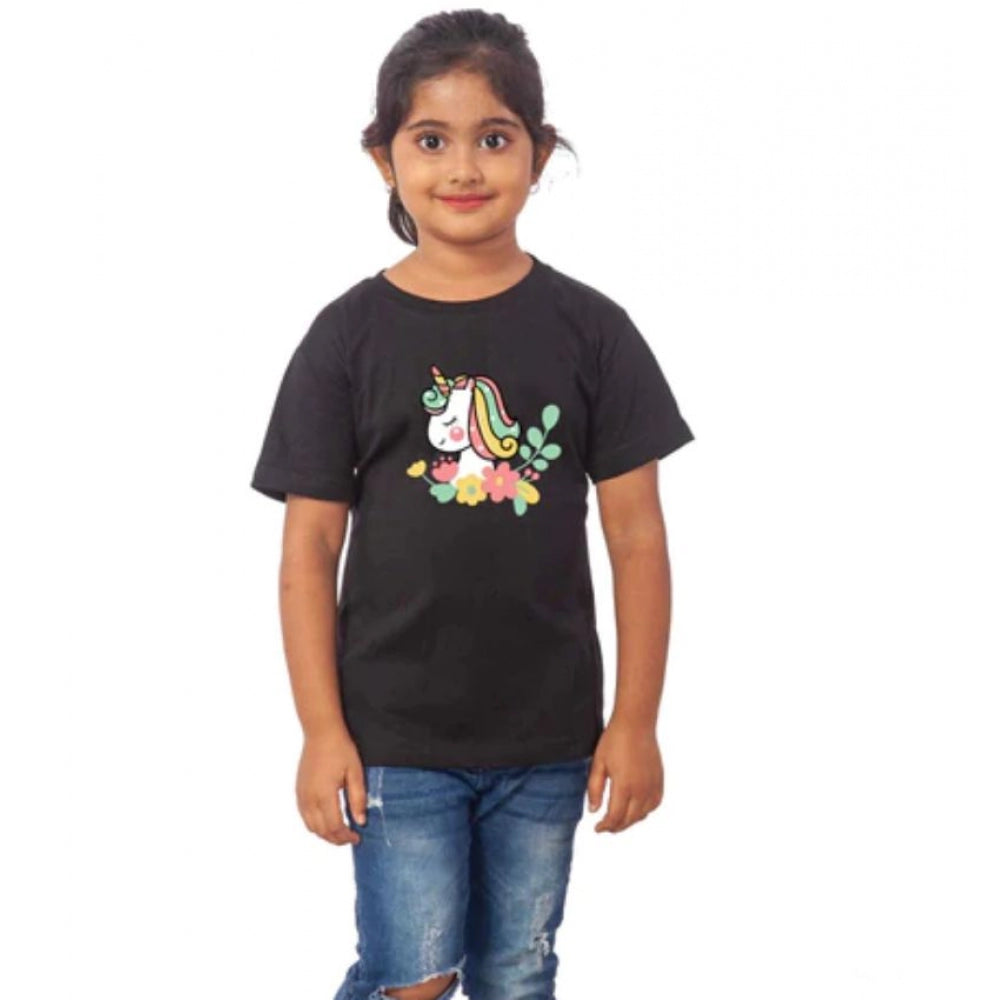 Amfyn Girls Cotton Unicorn Face Half Sleeve TShirt (Black)